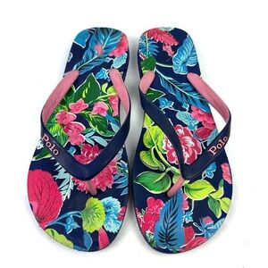 Polo Ralph Lauren Bolt Flip Flops 13-14 Navy Garden Floral Tropical Sandals Mens